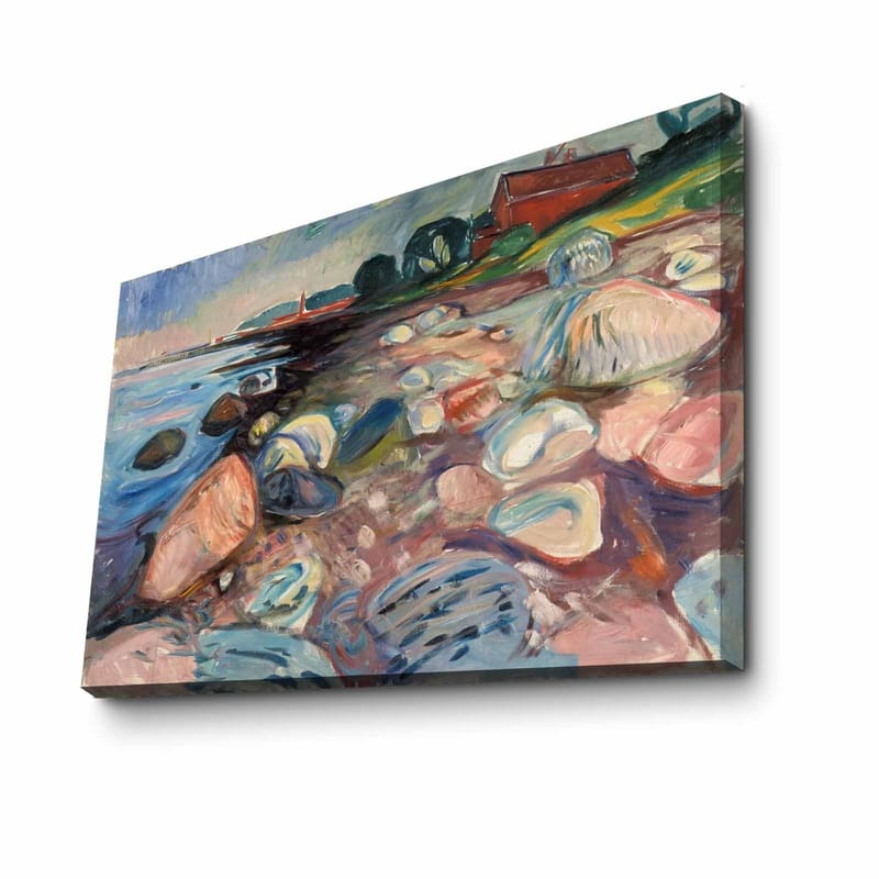 Lærred 70x100 cm - Farverigt strandscene med klipper og et rødt sommerhus i baggrunden - Blå / Lyserød / Grøn - Boligtilbehør - Billeder & kunst - Billeder på lærred