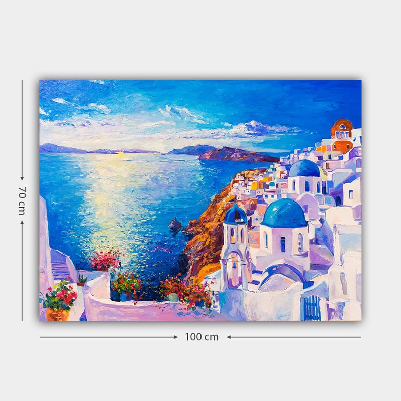 Lærred 70x100 cm - Farverigt udsigt over en græsk kystby med hvide bygninger og blå kupler, der strækker sig mod havet - Blå / Hvid / Orange - Boligtilbehør - Billeder & kunst - Billeder på lærred