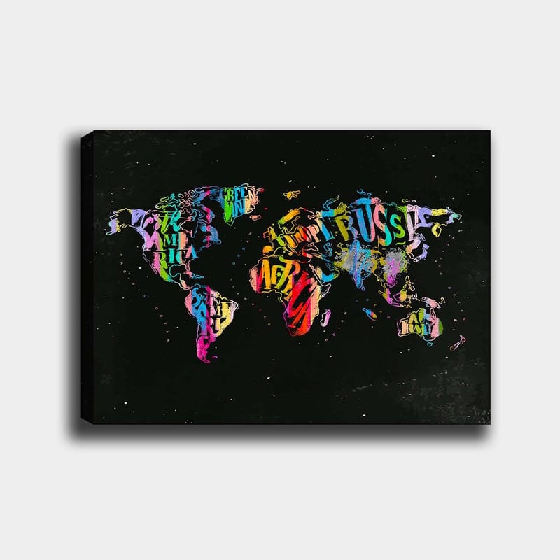 Lærred 70x100 cm - Farverigt verdenskort lavet af tekst og symboler, der repræsenterer forskellige lande, Lilla / Rød / Grøn