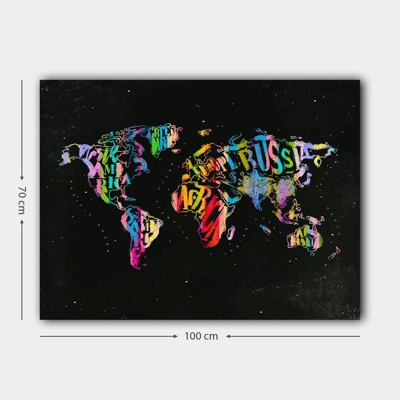 Lærred 70x100 cm - Farverigt verdenskort lavet af tekst og symboler, der repræsenterer forskellige lande - Lilla / Rød / Grøn - Boligtilbehør - Billeder & kunst - Billeder på lærred