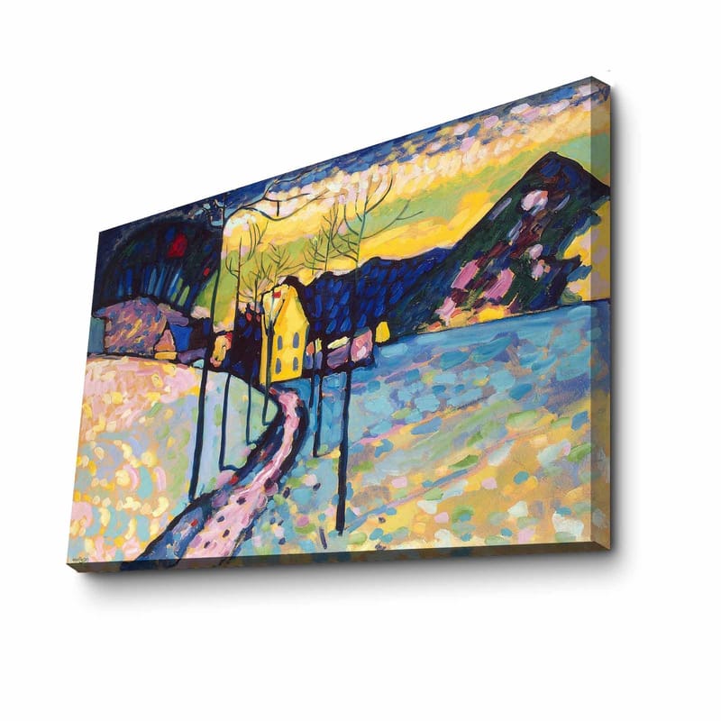 Lærred 70x100 cm - Farverigt vinterlandskab med en vej, der fører til et gult hus omgivet af sne og træer - Blå / Gul / Hvid - Boligtilbehør - Billeder & kunst - Billeder på lærred