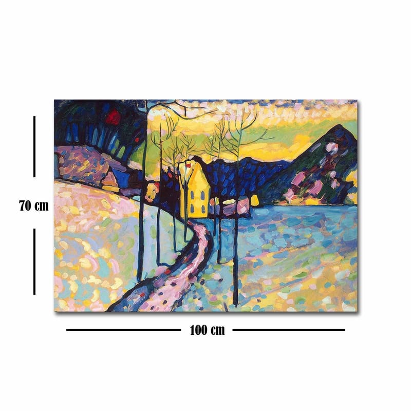 Lærred 70x100 cm - Farverigt vinterlandskab med en vej, der fører til et gult hus omgivet af sne og træer - Blå / Gul / Hvid - Boligtilbehør - Billeder & kunst - Billeder på lærred