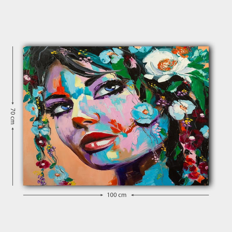 Lærred 70x100 cm - Farverigt portrætmaleri af en kvinde med blomster i håret - Blå / Rød / Grøn - Boligtilbehør - Billeder & kunst - Billeder på lærred