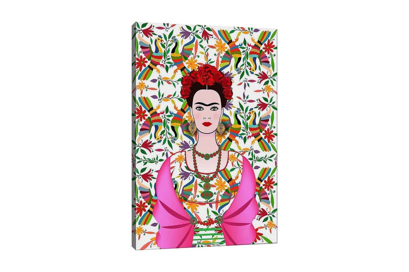 Lærred 70x100 cm - Farverigt portræt af en kvinde iført traditionelt mexicansk tøj og blomster i håret, omgivet af en livlig baggrund med fugle og blomster, Lyserød / Grøn / Rød
