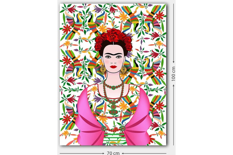 Lærred 70x100 cm - Farverigt portræt af en kvinde iført traditionelt mexicansk tøj og blomster i håret, omgivet af en livlig baggrund med fugle og blomster - Lyserød / Grøn / Rød - Boligtilbehør - Billeder & kunst - Billeder på lærred