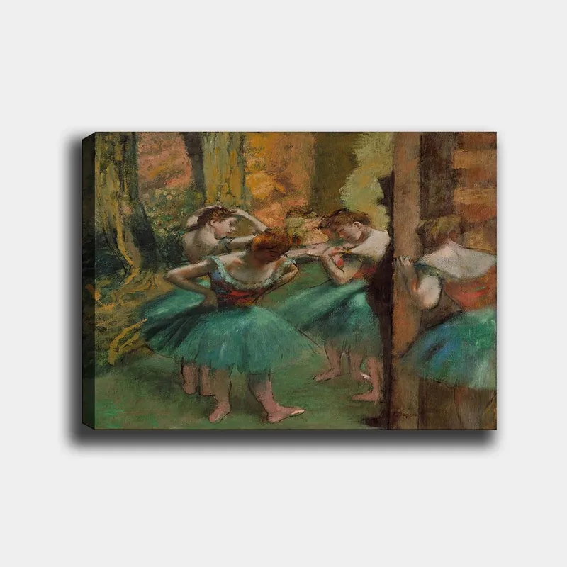 Lærred 70x100 cm - Fem balletdansere i farverige tutuer forbereder sig til en forestilling, Grøn / Orange / Rød