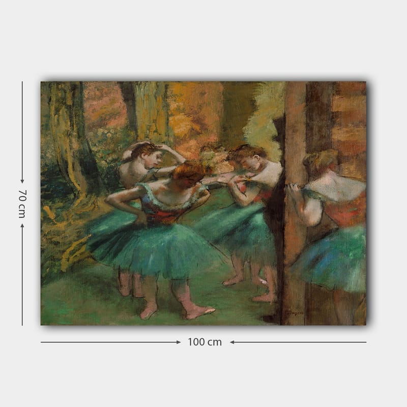 Lærred 70x100 cm - Fem balletdansere i farverige tutuer forbereder sig til en forestilling - Grøn / Orange / Rød - Boligtilbehør - Billeder & kunst - Billeder på lærred