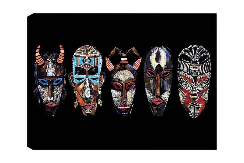 Lærred 70x100 cm - Fem farverige masker med forskellige mønstre og udtryk, Rød / Sort / Blå