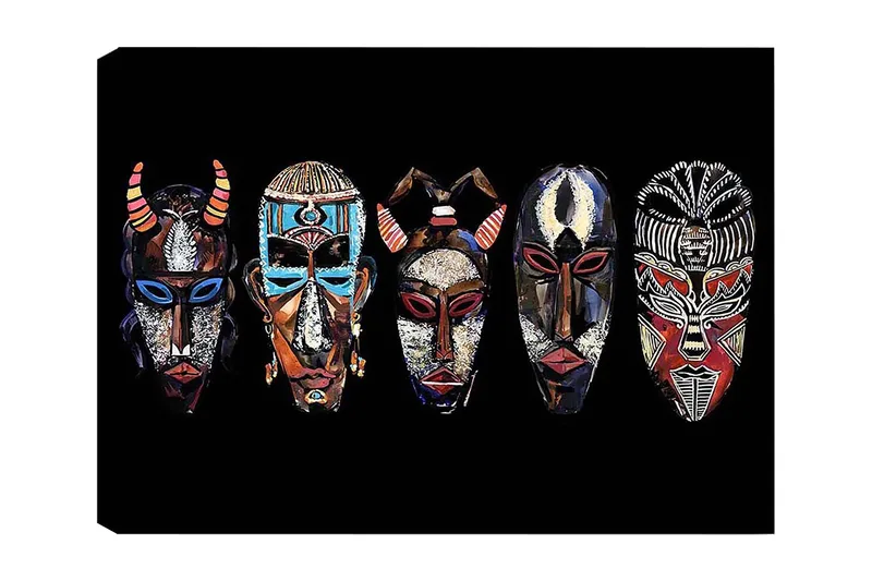 Lærred 70x100 cm - Fem farverige masker med forskellige mønstre og udtryk, Rød / Sort / Blå