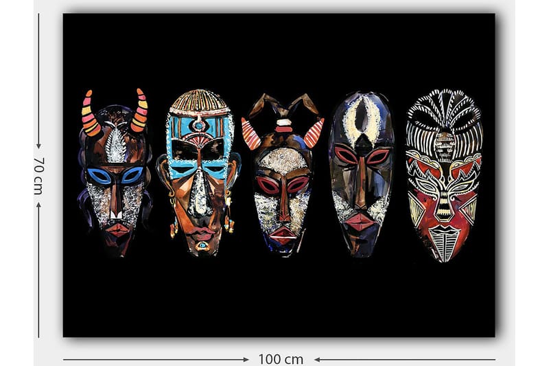 Lærred 70x100 cm - Fem farverige masker med forskellige mønstre og udtryk - Rød / Sort / Blå - Boligtilbehør - Billeder & kunst - Billeder på lærred