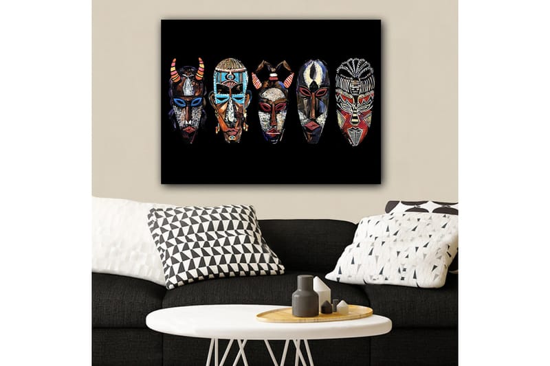 Lærred 70x100 cm - Fem farverige masker med forskellige mønstre og udtryk - Rød / Sort / Blå - Boligtilbehør - Billeder & kunst - Billeder på lærred