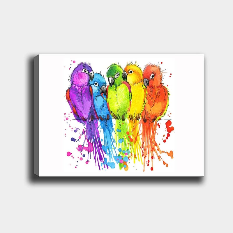 Lærred 70x100 cm - Fem farverige papegøjer på række, Lilla / Grøn / Orange