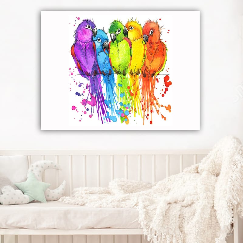 Lærred 70x100 cm - Fem farverige papegøjer på række - Lilla / Grøn / Orange - Boligtilbehør - Billeder & kunst - Billeder på lærred