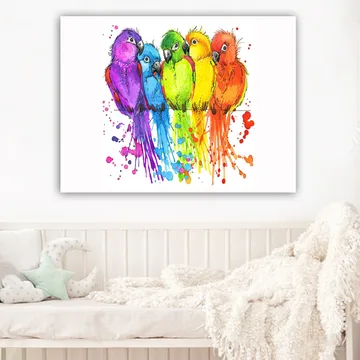 Lærred 70x100 cm - Fem farverige papegøjer på række - Lilla / Grøn / Orange - Boligtilbehør - Billeder & kunst - Billeder på lærred