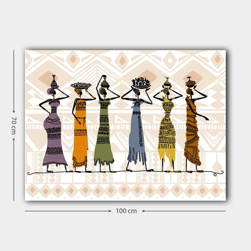 Lærred 70x100 cm - Fem kvinder i traditionelt tøj, der bærer genstande på hovedet - Lilla / Orange / Grøn - Boligtilbehør - Billeder & kunst - Billeder på lærred