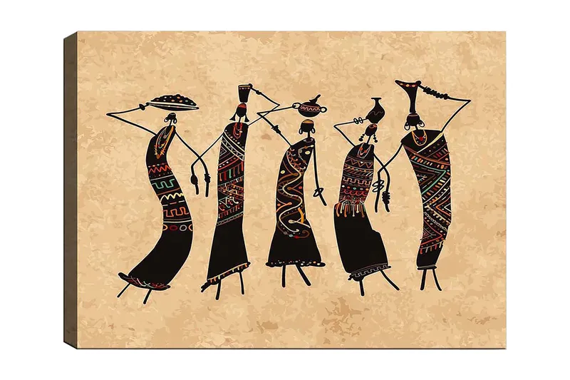 Lærred 70x100 cm - Fem stiliserede kvinder der danser i traditionelt tøj og tilbehør, Sort / Rød / Grøn