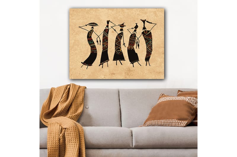 Lærred 70x100 cm - Fem stiliserede kvinder der danser i traditionelt tøj og tilbehør - Sort / Rød / Grøn - Boligtilbehør - Billeder & kunst - Billeder på lærred