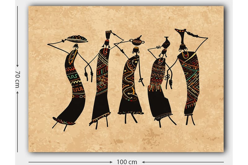 Lærred 70x100 cm - Fem stiliserede kvinder der danser i traditionelt tøj og tilbehør - Sort / Rød / Grøn - Boligtilbehør - Billeder & kunst - Billeder på lærred