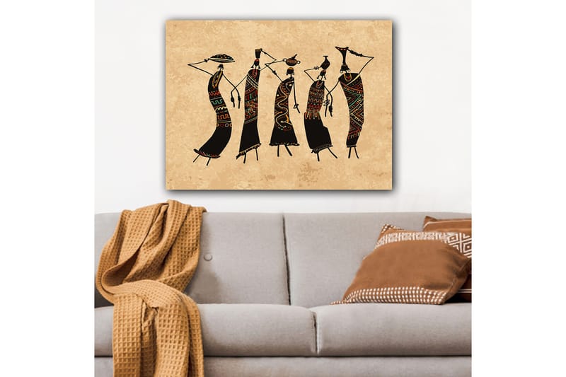 Lærred 70x100 cm - Fem stiliserede kvinder der danser i traditionelt tøj og tilbehør - Sort / Rød / Grøn - Boligtilbehør - Billeder & kunst - Billeder på lærred