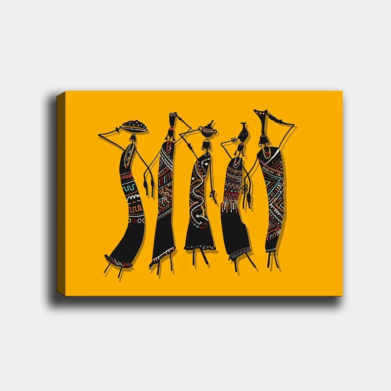 Lærred 70x100 cm - Fem stiliserede kvinder i traditionelt tøj, der bærer genstande på hovedet, Sort / Gul / Rød