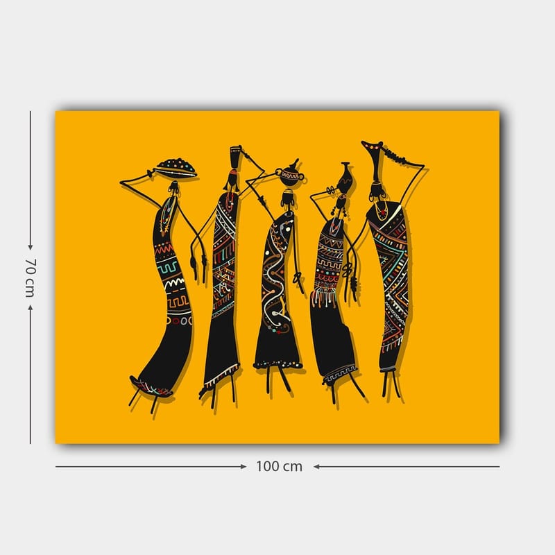 Lærred 70x100 cm - Fem stiliserede kvinder i traditionelt tøj, der bærer genstande på hovedet - Sort / Gul / Rød - Boligtilbehør - Billeder & kunst - Billeder på lærred