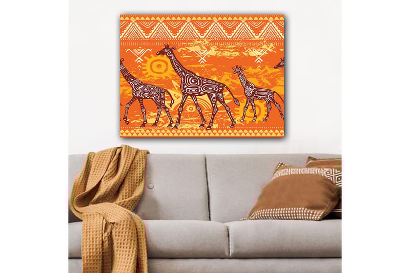 Lærred 70x100 cm - Fire giraffer i et farverigt og stiliseret design - Orange / Brun / Hvid - Boligtilbehør - Billeder & kunst - Billeder på lærred
