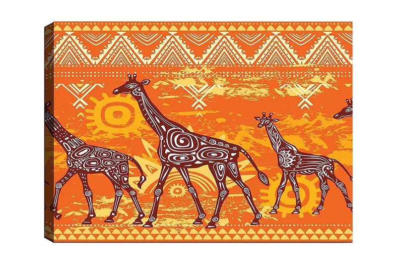 Lærred 70x100 cm - Fire giraffer i et farverigt og stiliseret design, Orange / Brun / Hvid