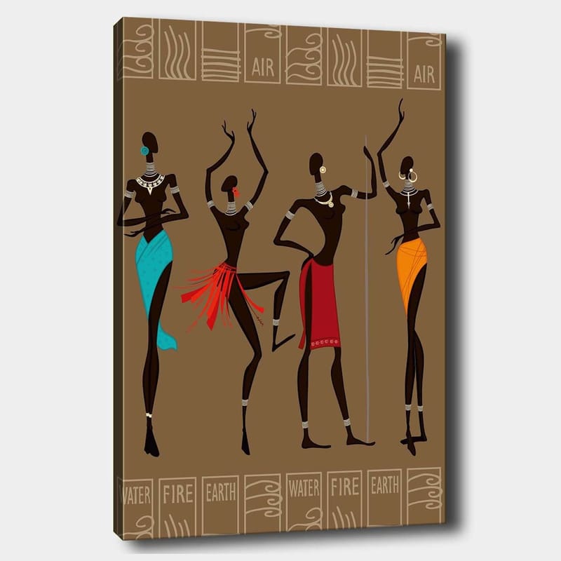 Lærred 70x100 cm - Fire stiliserede kvinder i traditionelt tøj, der repræsenterer forskellige elementer, Mørkebrun / Turkis / Rød