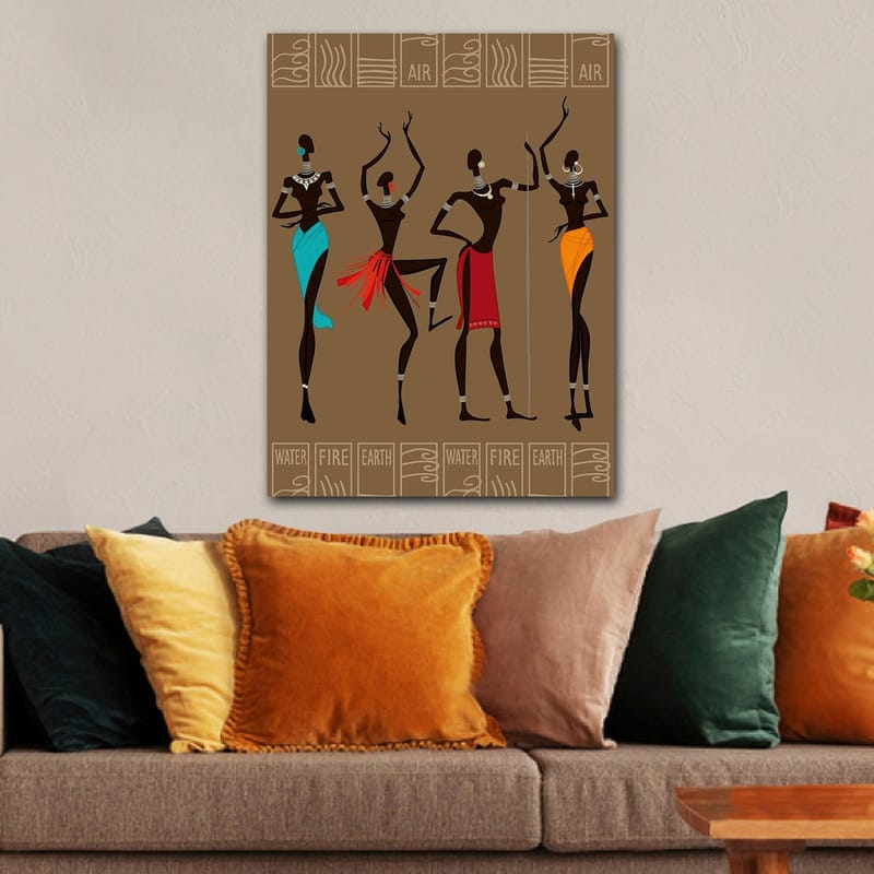 Lærred 70x100 cm - Fire stiliserede kvinder i traditionelt tøj, der repræsenterer forskellige elementer - Mørkebrun / Turkis / Rød - Boligtilbehør - Billeder & kunst - Billeder på lærred
