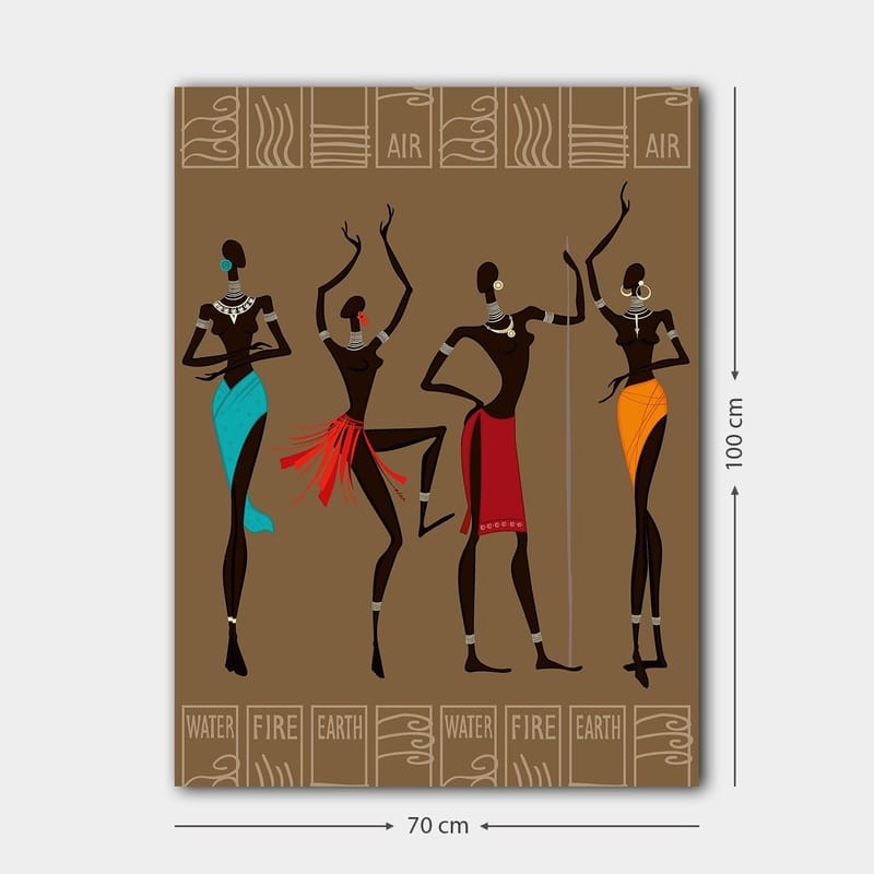 Lærred 70x100 cm - Fire stiliserede kvinder i traditionelt tøj, der repræsenterer forskellige elementer - Mørkebrun / Turkis / Rød - Boligtilbehør - Billeder & kunst - Billeder på lærred