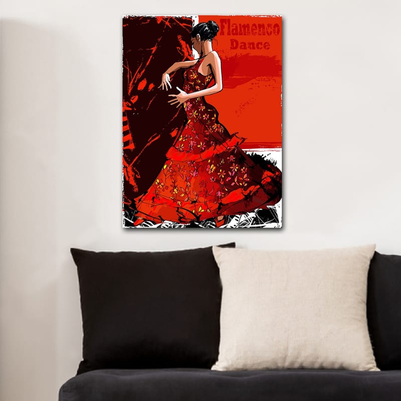 Lærred 70x100 cm - Flamencodanser i en rød kjole, der udtrykker bevægelse og passion - Rød / Mørkerød / Sort - Boligtilbehør - Billeder & kunst - Billeder på lærred
