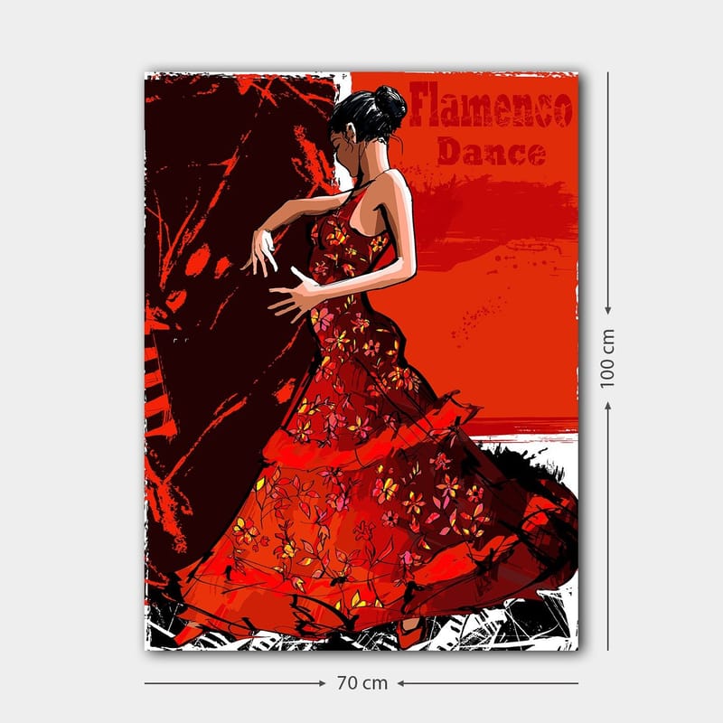 Lærred 70x100 cm - Flamencodanser i en rød kjole, der udtrykker bevægelse og passion - Rød / Mørkerød / Sort - Boligtilbehør - Billeder & kunst - Billeder på lærred