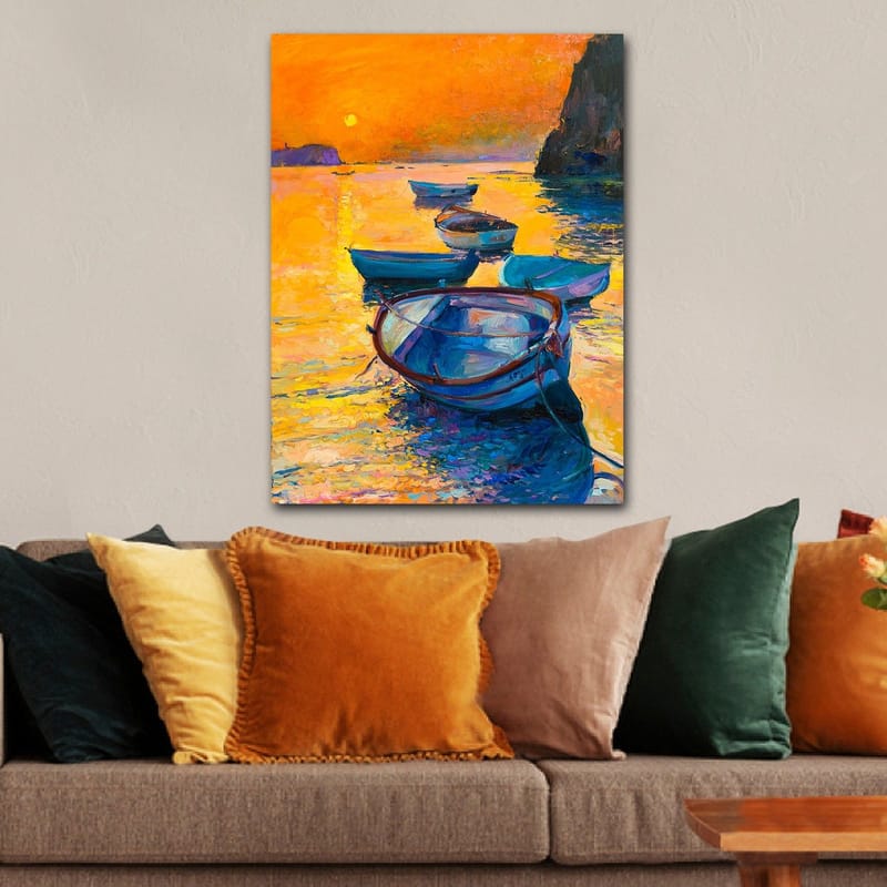 Lærred 70x100 cm - Flere både flyder på en glitrende overflade i solnedgangens varme farver - Orange / Blå / Guld - Boligtilbehør - Billeder & kunst - Billeder på lærred