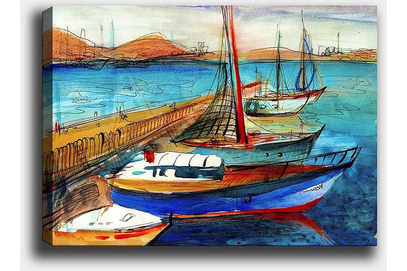 Lærred 70x100 cm - Flere farverige både i en havn med en smuk havudsigt - Blå / Rød / Beige - Boligtilbehør - Billeder & kunst - Billeder på lærred