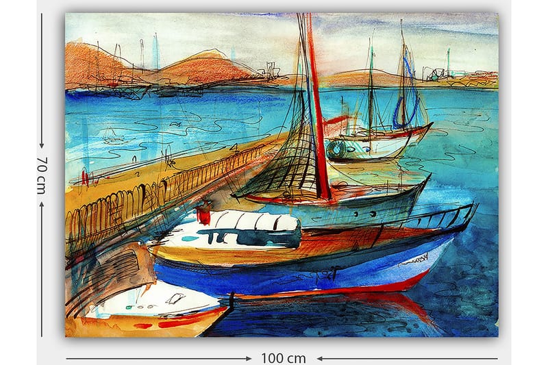 Lærred 70x100 cm - Flere farverige både i en havn med en smuk havudsigt - Blå / Rød / Beige - Boligtilbehør - Billeder & kunst - Billeder på lærred