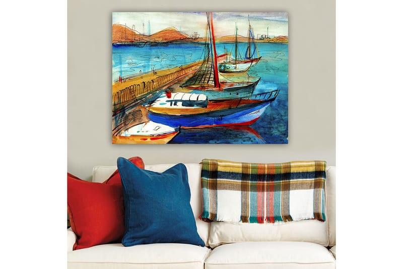 Lærred 70x100 cm - Flere farverige både i en havn med en smuk havudsigt, Blå / Rød / Beige