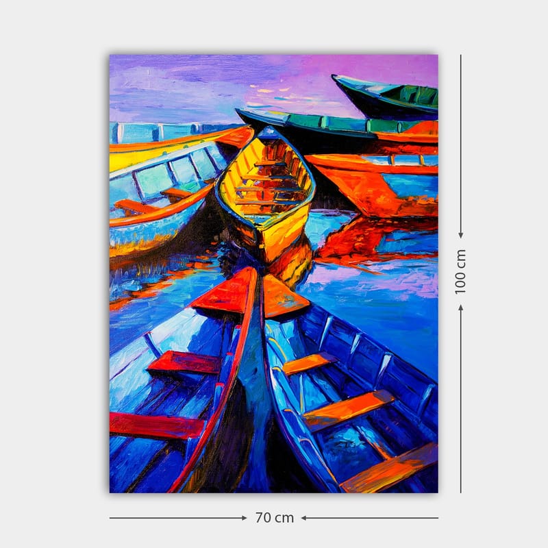 Lærred 70x100 cm - Flere farverige både ligger i en gruppe ved vandoverfladen - Blå / Orange / Gul - Boligtilbehør - Billeder & kunst - Billeder på lærred