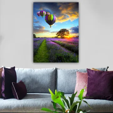 Lærred 70x100 cm - Flere farverige varmluftsballoner svæver over en lavendelmark i solnedgangens lys - Lilla / Grøn / Sort - Boligtilbehør - Billeder & kunst - Billeder på lærred