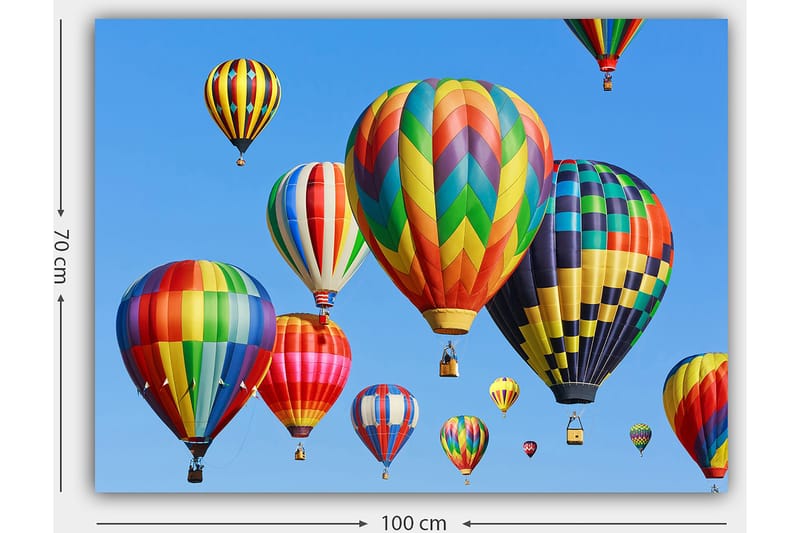 Lærred 70x100 cm - Flere farverige varmluftsballoner svæver på en klar blå himmel - Rød / Grøn / Gul - Boligtilbehør - Billeder & kunst - Billeder på lærred