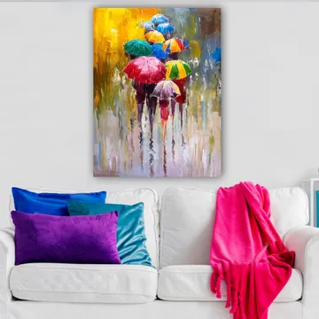Lærred 70x100 cm - Flere farverige paraplyer, der beskytter mod regn - Rød / Grøn / Blå - Boligtilbehør - Billeder & kunst - Billeder på lærred