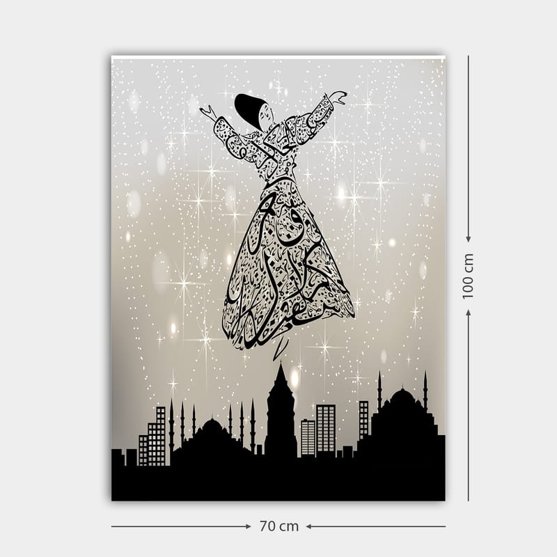 Lærred 70x100 cm - Flydende dansere i traditionelt tøj, omgivet af en bys skyline - Sort / Hvid / Grå - Boligtilbehør - Billeder & kunst - Billeder på lærred