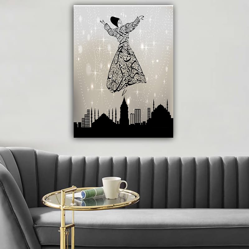 Lærred 70x100 cm - Flydende dansere i traditionelt tøj, omgivet af en bys skyline - Sort / Hvid / Grå - Boligtilbehør - Billeder & kunst - Billeder på lærred