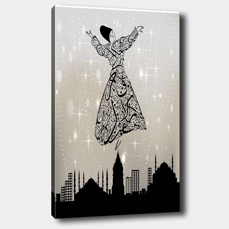 Lærred 70x100 cm - Flydende dansere i traditionelt tøj, omgivet af en bys skyline, Sort / Hvid / Grå