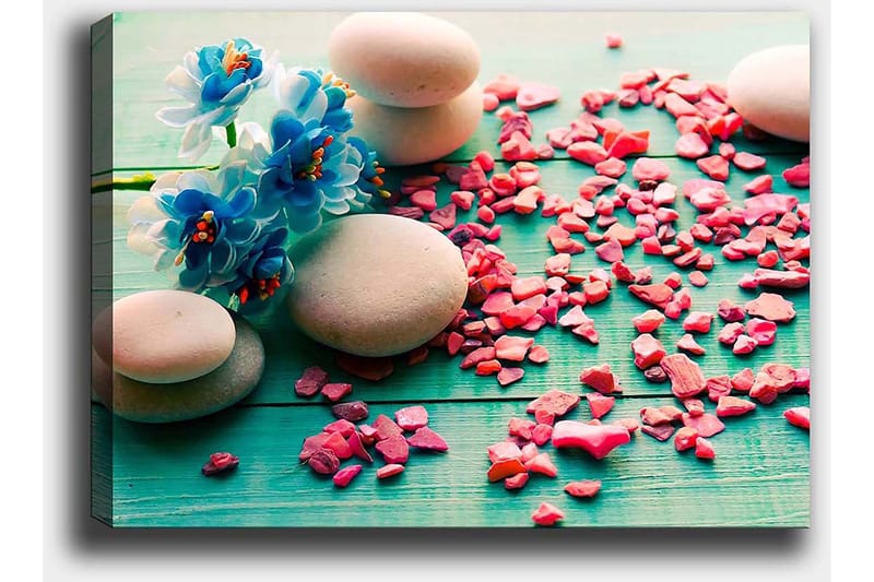 Lærred 70x100 cm - Fredfyldt komposition med sten og blå blomster på en grøn baggrund - Blå / Lyserød / Grøn - Boligtilbehør - Billeder & kunst - Billeder på lærred