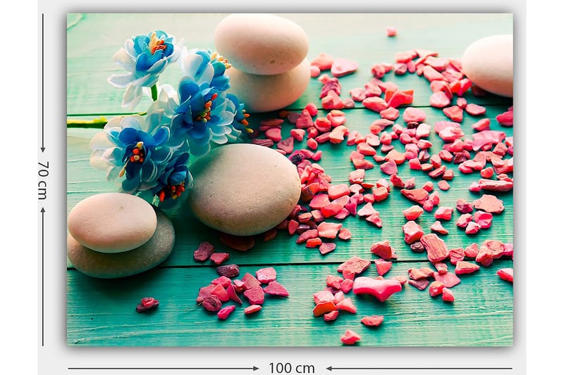 Lærred 70x100 cm - Fredfyldt komposition med sten og blå blomster på en grøn baggrund - Blå / Lyserød / Grøn - Boligtilbehør - Billeder & kunst - Billeder på lærred