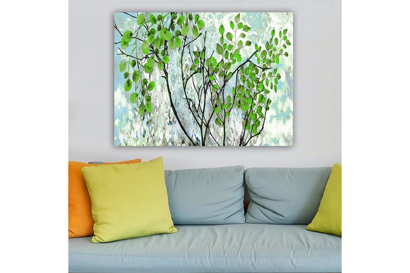 Lærred 70x100 cm - Frodige grene med livlige blade i en harmonisk komposition - Grøn / Sort / Lyseblå - Boligtilbehør - Billeder & kunst - Billeder på lærred