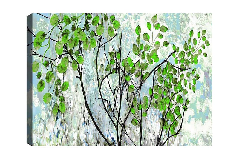 Lærred 70x100 cm - Frodige grene med livlige blade i en harmonisk komposition, Grøn / Sort / Lyseblå