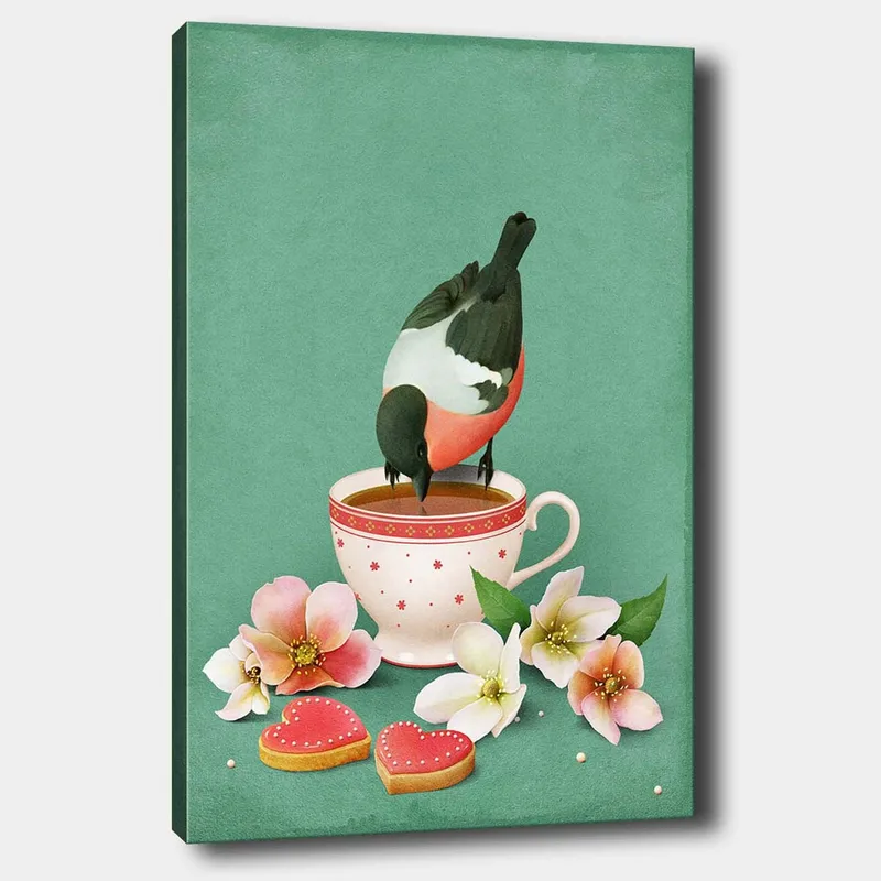 Lærred 70x100 cm - Fugl drikker af en kop omgivet af blomster og hjerteformede småkager, Grøn / Lyserød / Hvid
