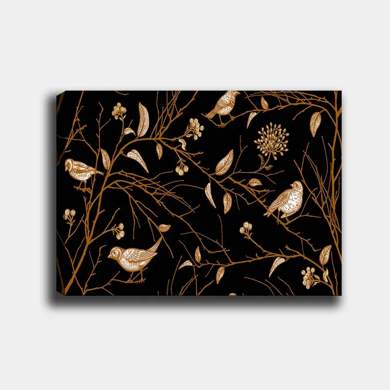 Lærred 70x100 cm - Fugle og grene i et elegant design mod en sort baggrund, Guld / Sort