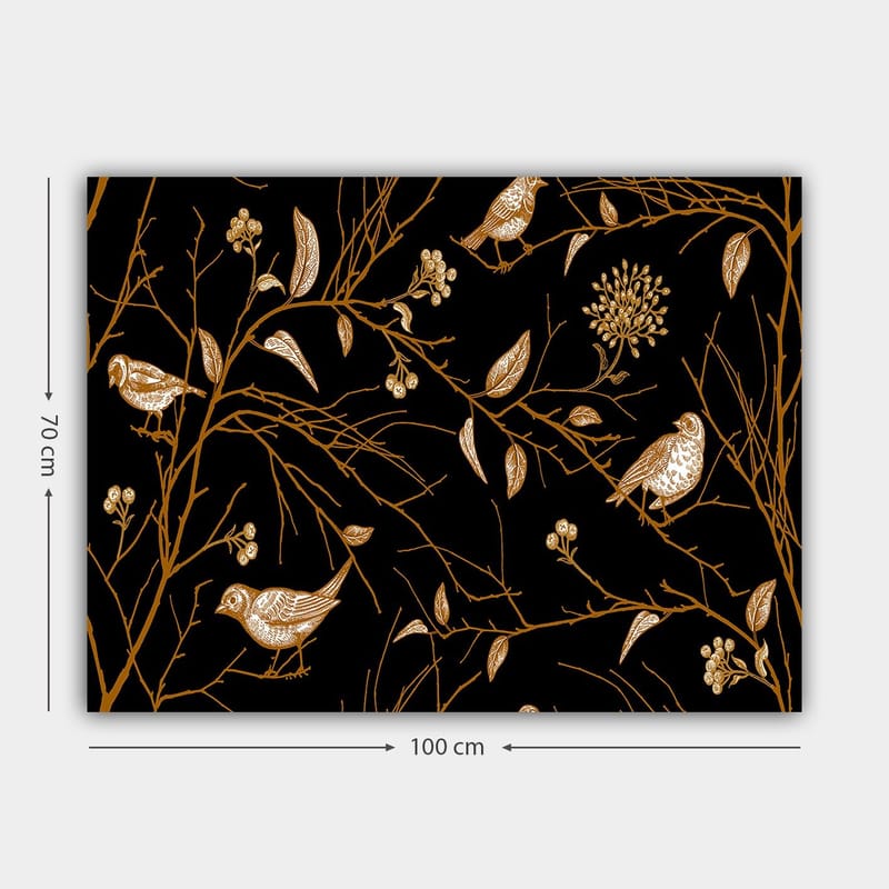 Lærred 70x100 cm - Fugle og grene i et elegant design mod en sort baggrund - Guld / Sort - Boligtilbehør - Billeder & kunst - Billeder på lærred